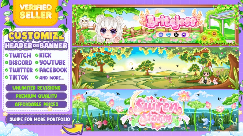 Custom Chibi Cute Banner or Header for Social Media / Twitch Banner / Youtube Banner / Discord Banner / Kick Banner image 10