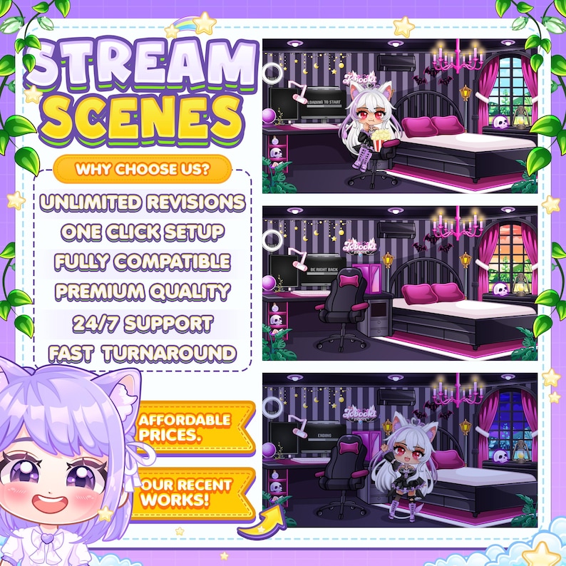 May include: A digital illustration of three different streamer scenes. Each scene features a gothic bedroom with a black and white striped wall, a black bed with pink bedding, a black desk with a computer monitor, a black gaming chair, and a white character with purple hair and a black outfit. The text "STREAM SCENES" is at the top of the image. The text "WHY CHOOSE US?" is below the scenes. The text "UNLIMITED REVISIONS", "ONE CLICK SETUP", "FULLY COMPATIBLE", "PREMIUM QUALITY", "24/7 SUPPORT", and "FAST TURNAROUND" are listed below the text "WHY CHOOSE US?". The text "AFFORDABLE PRICES." and "OUR RECENT WORKS!" are at the bottom of the image.