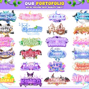 May include: A collection of 20 colourful, stylised logos with various themes, including animals, nature, and fantasy. The logos are designed in a cartoon style with bright colours and bold lettering. The text "OUR PORTOFOLIO" and "WE'RE PROVIDE BEST QUALITY ONLY!" is displayed at the top of the image.