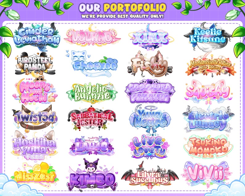 May include: A collection of 20 colourful, stylised logos with various themes, including animals, nature, and fantasy. The logos are designed in a cartoon style with bright colours and bold lettering. The text "OUR PORTOFOLIO" and "WE'RE PROVIDE BEST QUALITY ONLY!" is displayed at the top of the image.