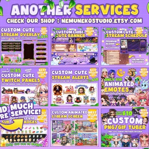 May include: A colourful digital illustration of various services offered for Twitch streamers, including custom overlays, panels, alerts, emotes, animated screens, and more. The illustration features cute chibi characters and a pink and purple colour scheme.