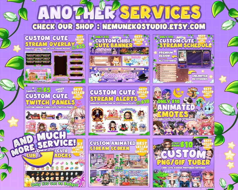 May include: A colourful digital illustration of various services offered for Twitch streamers, including custom overlays, panels, alerts, emotes, animated screens, and more. The illustration features cute chibi characters and a pink and purple colour scheme.