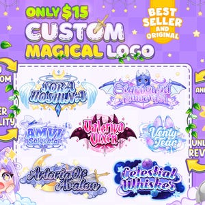 May include: A digital display featuring seven custom logo designs with magical themes, including text like Sora Hoshina, Starbound Ember451, Amvi Solgenta, Valeriya Vixen, Venty Tear, Artoria Of Avalon, and Celestial Whisker, set against a purple background.