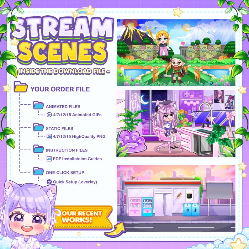 May include: A digital illustration of a folder labeled "Your Order File" with subfolders labeled "Animated Files", "Static Files", "Instruction Files", and "One-Click Setup". The illustration is in a cartoon style with a pink and purple background. The text "STREAM SCENES" is at the top of the image.