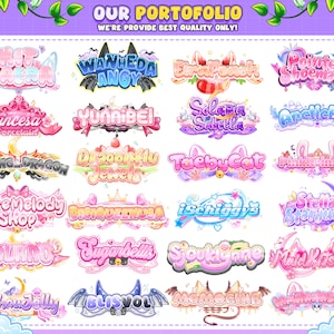 May include: A collection of 20 colourful, stylised logos with various designs, including hearts, stars, butterflies, and crowns. The logos feature names like "Kit Kaera", "Wanheda Tangy", "Princess Porcelain", "Dragonfly Jewels", "TaebyCat", "MomochiB", and "LaahaaBigCat".