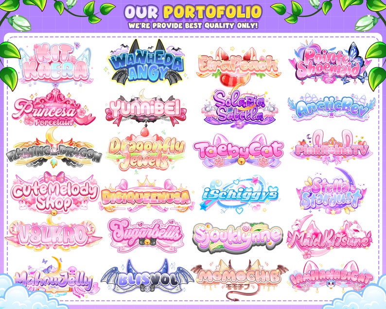 May include: A collection of 20 colourful, stylised logos with various designs, including hearts, stars, butterflies, and crowns. The logos feature names like "Kit Kaera", "Wanheda Tangy", "Princess Porcelain", "Dragonfly Jewels", "TaebyCat", "MomochiB", and "LaahaaBigCat".