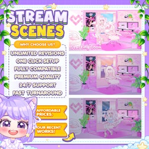 May include: A colorful illustration of a pink and white room with a desk, chair, and computer. The text "STREAM SCENES" is in large, yellow letters at the top of the image. The text "WHY CHOOSE US?" is in a yellow box below the title. A list of benefits is below the question, including "Unlimited Revisions", "One Click Setup", "Fully Compatible", "Premium Quality", "24/7 Support", and "Fast Turnaround". The text "AFFORDABLE PRICES" is in a yellow box at the bottom left of the image. The text "OUR RECENT WORKS!" is in a yellow box below the "AFFORDABLE PRICES" box.
