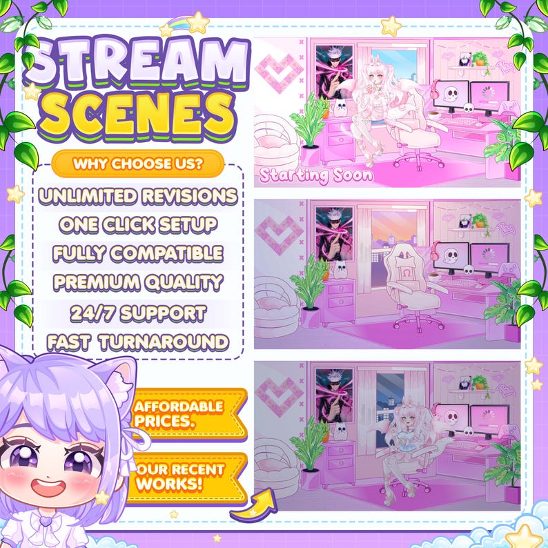 May include: A colorful illustration of a pink and white room with a desk, chair, and computer. The text "STREAM SCENES" is in large, yellow letters at the top of the image. The text "WHY CHOOSE US?" is in a yellow box below the title. A list of benefits is below the question, including "Unlimited Revisions", "One Click Setup", "Fully Compatible", "Premium Quality", "24/7 Support", and "Fast Turnaround". The text "AFFORDABLE PRICES" is in a yellow box at the bottom left of the image. The text "OUR RECENT WORKS!" is in a yellow box below the "AFFORDABLE PRICES" box.