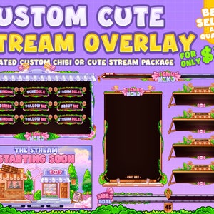 May include: A set of animated Twitch stream overlays with a cute, pastel aesthetic. The overlays feature a pink and purple colour scheme with floral accents and a cartoonish style. The overlays include a starting soon screen, a chat box, a donation alert, a new follower alert, and a subscription goal.