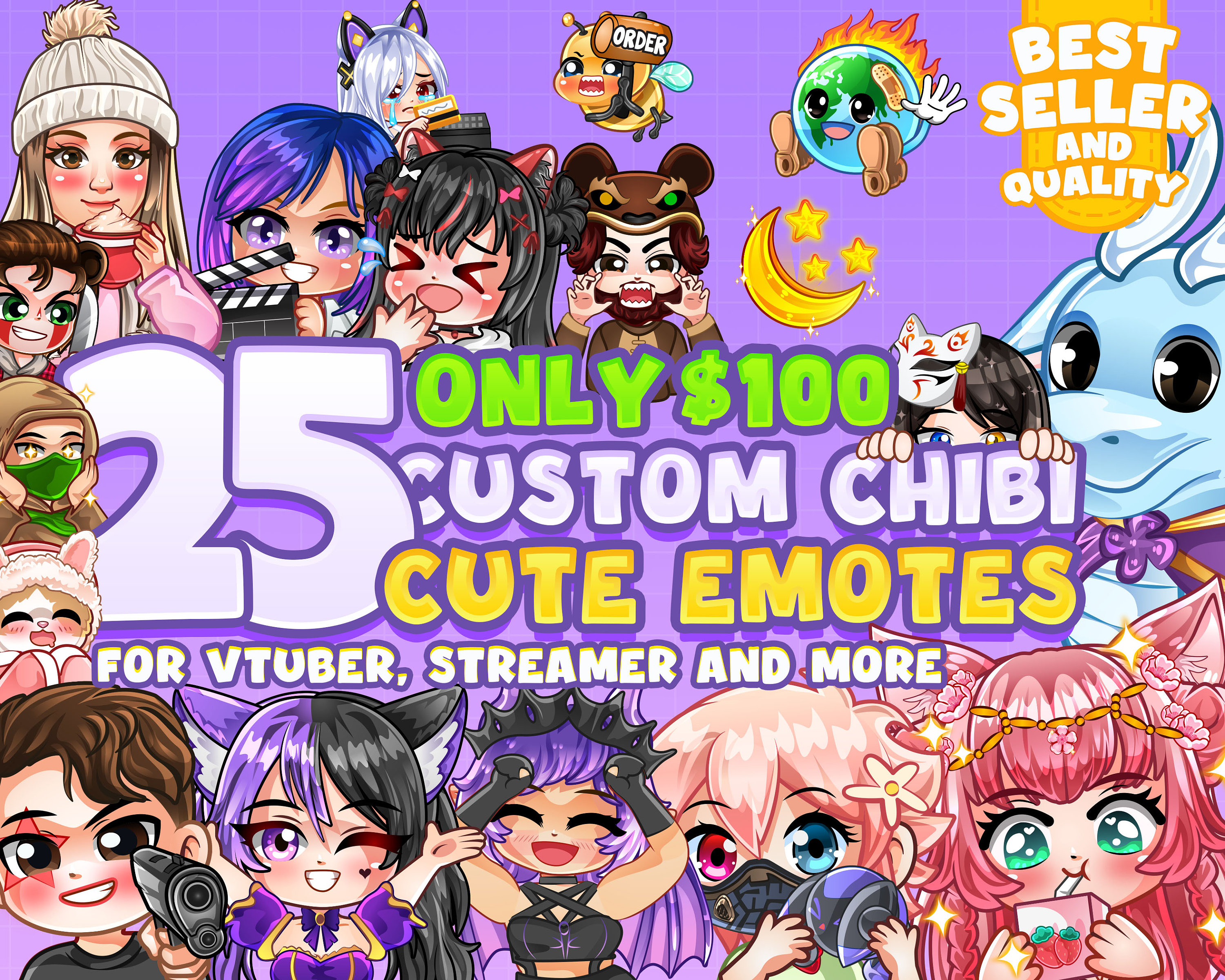 25x Custom Emotes for twitch, youtube, discord or facebook / Stream Emotes / Vtuber Emotes / Chibi Avatar