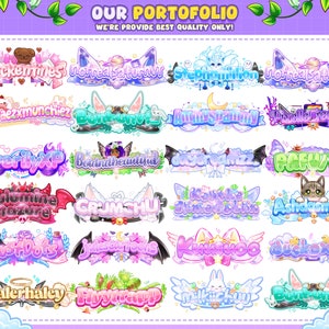May include: A collection of 20 colourful and unique Twitch banners featuring various designs and text. The banners are designed in a cartoon style with bright colours and playful fonts. Some banners feature animals, such as a cat, a bear, and a bunny. Others feature abstract designs, such as hearts, stars, and swirls. The text on the banners includes names like "Jackermines", "NotrealSaturn", "Stephnimilon", "EverilyXP", "LulumineTreasure", "DustDots", "HealerHaley", and more.