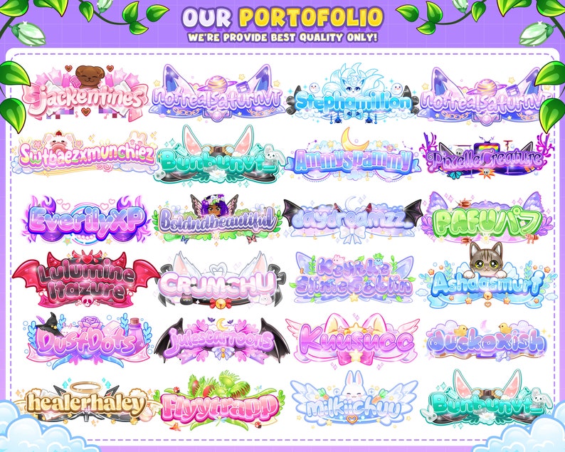 May include: A collection of 20 colourful and unique Twitch banners featuring various designs and text. The banners are designed in a cartoon style with bright colours and playful fonts. Some banners feature animals, such as a cat, a bear, and a bunny. Others feature abstract designs, such as hearts, stars, and swirls. The text on the banners includes names like "Jackermines", "NotrealSaturn", "Stephnimilon", "EverilyXP", "LulumineTreasure", "DustDots", "HealerHaley", and more.