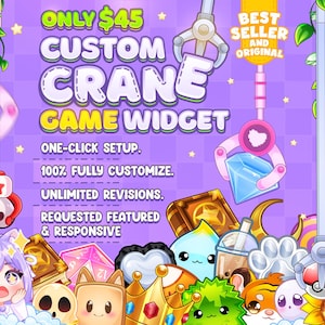 May include: A digital graphic for a custom crane game widget featuring a purple checkered background, claw machine elements, and various cute icons including a crown, a skull, a bubble tea, and a character with purple hair and cat ears.