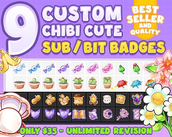May include: Nine custom chibi cute sub/bit badges for Twitch or YouTube.  The badges feature a variety of designs, including candy, plants, flowers, and more.  The text "BEST SELLER AND QUALITY" and "ONLY £35 - UNLIMITED REVISION" is also included in the image.
