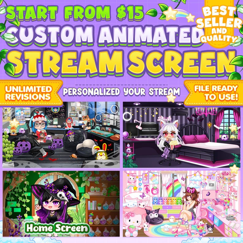 May include: A digital illustration of three different animated stream screens. The first screen is a dark room with a purple and black desk, a computer, and a character with purple hair and a headset. The second screen is a dark room with a purple and black desk, a computer, and a character with white hair and a headset. The third screen is a pink room with a pink desk, a computer, and a character with brown hair. The text on the image reads "Start from $15", "Custom Animated Stream Screen", "Unlimited Revisions", "Personalized Your Stream", "File Ready To Use", and "Home Screen".