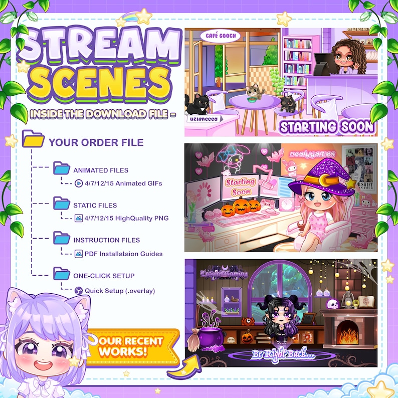 May include: A digital illustration of a folder labeled "Your Order File" with subfolders labeled "Animated Files", "Static Files", "Instruction Files", and "One-Click Setup". The illustration is surrounded by a purple and pink background with stars and a cartoon character.