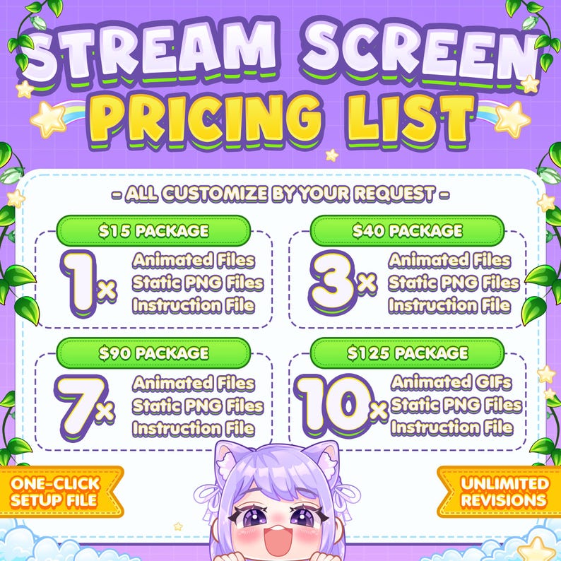 May include: A colorful graphic with a pricing list for stream screen packages. The packages include animated files, static PNG files, and an instruction file. The prices range from $15 to $125. The graphic also includes a one-click setup file and unlimited revisions.