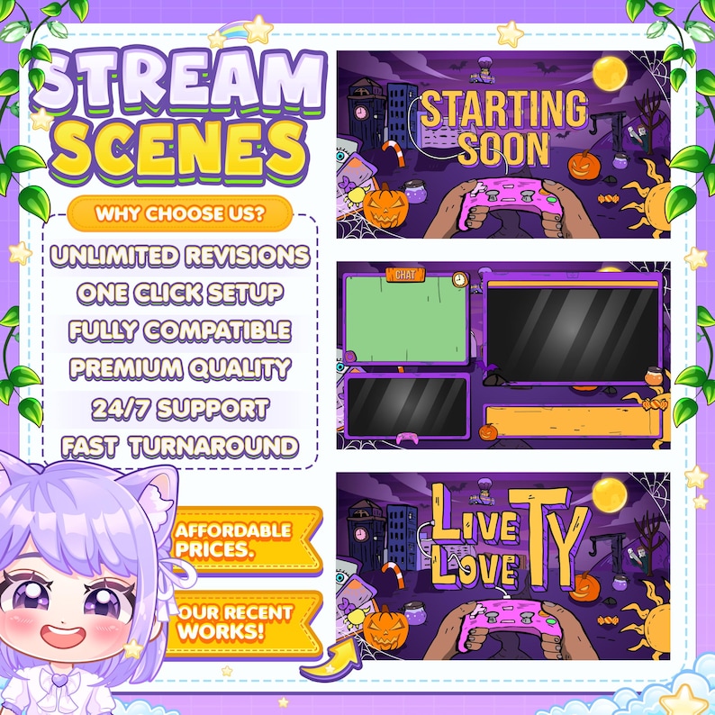 May include: A purple and black Halloween-themed Twitch stream scene package with a cartoon character, a game controller, and text that says "Starting Soon", "Live Love", and "Why Choose Us?" with a list of benefits.