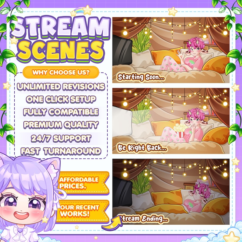 May include: Three animated scenes of a cartoon character in a fort made of blankets and pillows. The character is wearing pajamas and watching a screen. The text on the screen reads "Starting Soon...", "Be Right Back...", and "Stream Ending...".