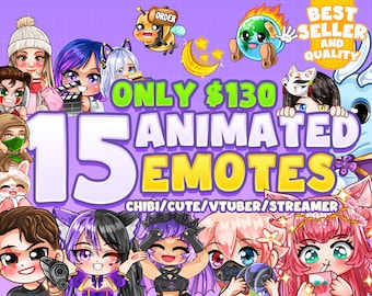 May include: A purple and yellow graphic with the text "ONLY $130 15 ANIMATED EMOTES CHIBI/CUTE/VTUBER/STREAMER" and images of animated emotes. The text "BEST SELLER AND QUALITY" is in the upper right corner.
