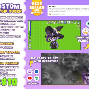 Pu&ograve; includere: Tuber PNG e GIF personalizzato per l'uso con Veadotube. L'immagine mostra un personaggio di strega dei cartoni animati con i capelli viola e un vestito nero. Il personaggio &egrave; su uno sfondo verde con una griglia sovrapposta. Il testo "Compatibile con Veadotube" &egrave; nell'angolo in basso a destra dell'immagine. Il testo "Tutto pronto per essere impostato con Veadotube" &egrave; al centro dell'immagine.