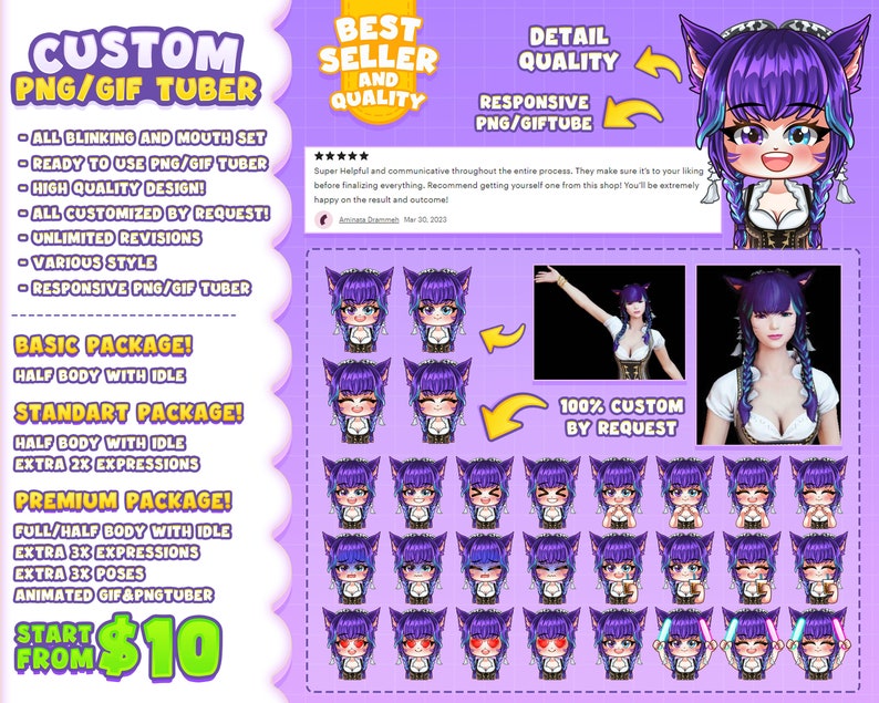 Pu&ograve; includere: Un'illustrazione digitale di un personaggio anime con capelli viola e orecchie da gatto. Il personaggio indossa un vestito bianco e marrone con un fiocco viola. L'immagine &egrave; un'illustrazione digitale per un servizio di creazione di tuber PNG/GIF personalizzato. Il testo "Custom PNG/GIF Tuber" &egrave; in alto nell'immagine. Il testo "Start from $10" &egrave; in basso nell'immagine.
