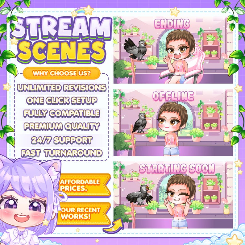 May include: A set of animated Twitch stream scenes featuring a cartoon character with different text overlays. The scenes include "Starting Soon", "Offline", and "Ending".