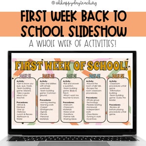 May include: A colourful digital slideshow with the title "First Week of School!" The slideshow is divided into five days, each with a different activity and procedures for the day. The activities include "Get to know you quiz", "Likes and dislikes", "Roll and answer a question", "Around the room chalk talk", and "Classroom procedures unfair game".
