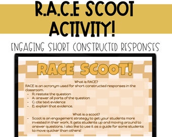 Op de afbeelding: Het scherm van een laptop toont een lesplan voor een "RACE SCOOT"-activiteit. Het lesplan legt de afkorting RACE uit, die staat voor Restate, Answer, Cite en Explain, en hoe je deze kunt gebruiken voor korte, geconstrueerde antwoorden in de klas. Het lesplan legt ook de "Scoot"-activiteit uit, waarbij leerlingen opstaan en rondlopen om vragen te beantwoorden.