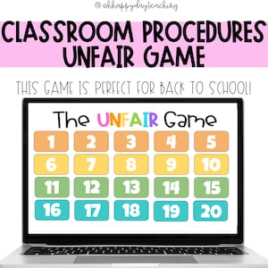 以下が含まれることがあります： 「The Unfair Game」という名前の教室ゲームが表示されたラップトップの画面。ゲームは、1から20までの数字が書かれた20個のカラフルな正方形のグリッドで構成されています。このゲームは、生徒が公平さと平等について学ぶのを助けるために設計されています。