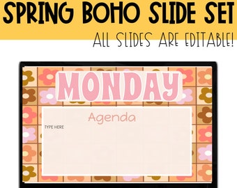 Modèles de diapositives Boho de printemps | Diapositives Google modifiables au printemps| Diapositives de l'agenda du printemps