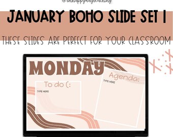 Può includere: Uno schermo di computer portatile che mostra un modello di pianificatore digitale con un design boho marrone e rosa. Lo schermo mostra la parola "MONDAY" in testo marrone e due caselle etichettate come "To do" e "Agenda".