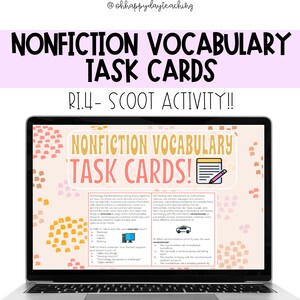 May include: A laptop screen displaying a colourful digital resource for teaching non-fiction vocabulary. The screen shows a task card with the word "revolutionize" and a definition. The task card is part of a "Scoot Activity" for students to complete.