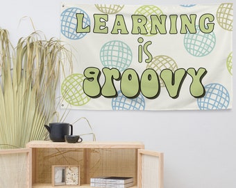 Learning is Groovy Green Tapestry, Teacher Tapestry, Classroom Decor.