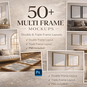 以下が含まれることがあります： さまざまなマルチフレームモックアップを示す複合画像。「50+ Multi Frame Mockups」のテキストと、ダブルおよびトリプルフレームレイアウトのオプションが表示されます。「PSD Included」と「Instant Download」のテキストが含まれています。