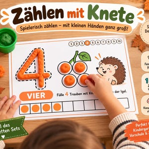 May include: A printable educational activity sheet titled Zählen mit Knete featuring a large number four, a cartoon hedgehog, and grape illustrations to be filled with orange modeling clay. The sheet includes a number line from one to ten.