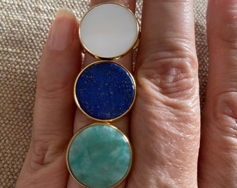 Ginette style golden disc ring, lapis lazuli black mother-of-pearl disc ring, natural stone, adjustable, women's gift idea, fast shipping