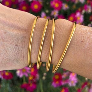 Peut inclure: Un ensemble de quatre joncs fins en métal doré poli portés autour du poignet. Les bracelets présentent un profil lisse et arrondi avec une finition métallique réfléchissante, créant une apparence simple et uniforme pour chaque pièce.