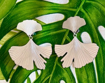 Grosses boucles d’oreilles clips argent Gingko Biloba, fabrication française, oreilles non percées, cadeau femme anniversaire fête des mères
