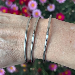 Peut inclure: Quatre bracelets argentés sont empilés sur un poignet. Le design lisse et minimaliste des bracelets reflète la lumière. Les bracelets sont un accessoire simple et élégant. Le fond est flou avec des fleurs roses et rouges.