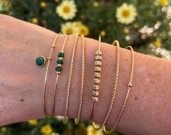 Bracelets joncs semainier dorés et verts, lot de 7, malachite,  belle qualité,  bracelets fins, bracelet femme cadeau, envoi rapide