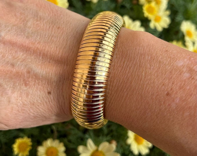 Featured listing image: Thick tubogas bracelet, wide cobra bangle, gold-colored cuff, vintage, women's birthday gift idea, fast shipping