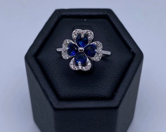 Clover ring in solid silver and brilliants, sapphire blue, beautiful quality made in France, birthday gift idea, fast shipping