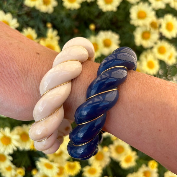 Bracelet jonc torsadé style A. Bidermann vintage bakelite ivoire bleu noir vert gris, idée cadeau femme, envoi rapide 2 jours