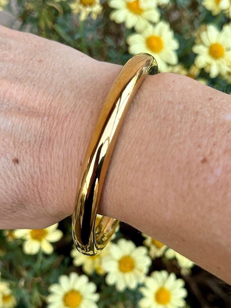 Round Gold Bangle Bracelet, Thick, Size L, Wide Wrist, Gold Color