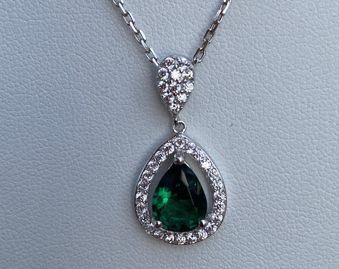 Featured listing image: Beautiful solid silver necklace with a brilliant emerald green or sapphire blue drop pendant, made in France, exceptional gift idea for women