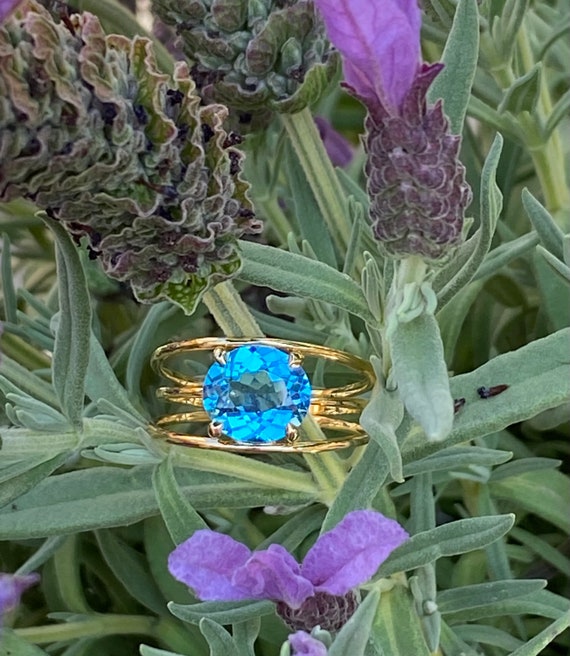 Bague Or 18 Carats Sertie D'une Topaze Bleue De Londres - Taille 52, Style Cocktail, Occasion