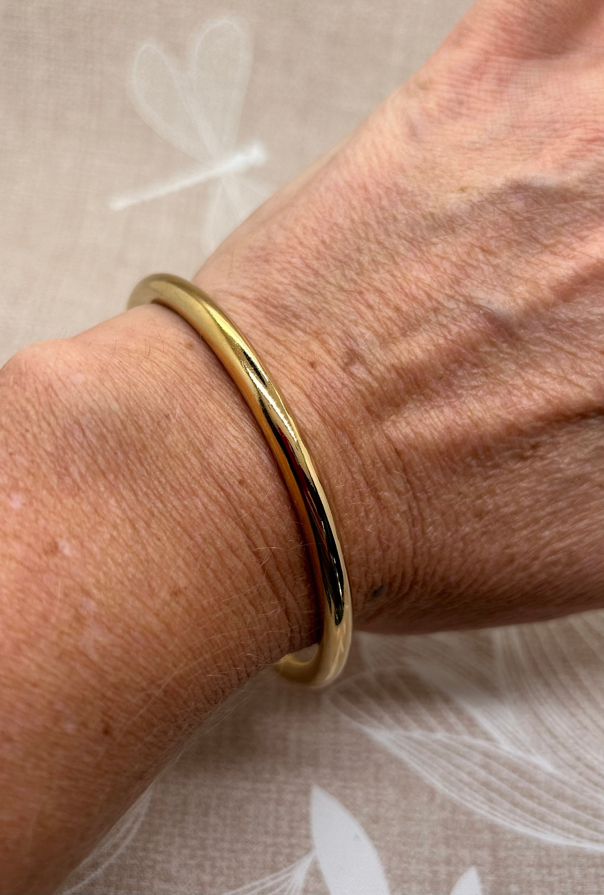 Round Bangle Bracelet, Thick, Full, Gold Color, Stainless