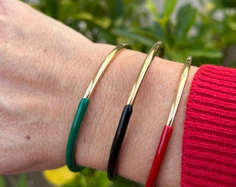 Bracelet jonc rond, bicolore, couleur or et vert ou noir ou rouge, acier inoxydable, idée cadeau femme, envoi rapide 2 jours en France