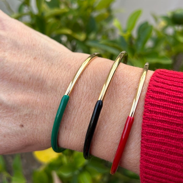 Bracelet jonc rond, bicolore, couleur or et vert ou noir ou rouge, acier inoxydable, idée cadeau femme, envoi rapide 2 jours en France